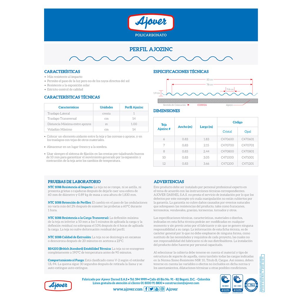Teja Policarbonato Ajozinc Cristal - Ajover
